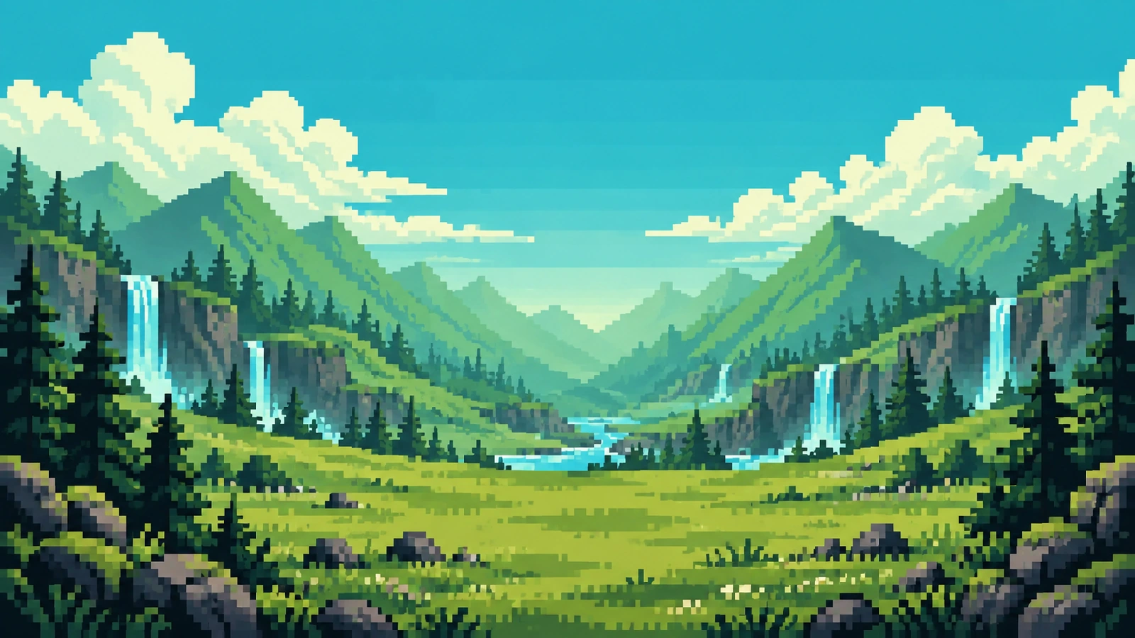 Waterfalls cascade through the emerald Mangrove Meadow valley